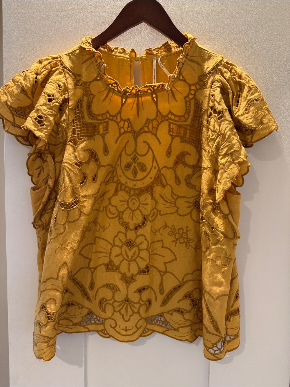 Anthropologie Mustard Yellow Embroidered Cutout Short Sleeve Blouse
